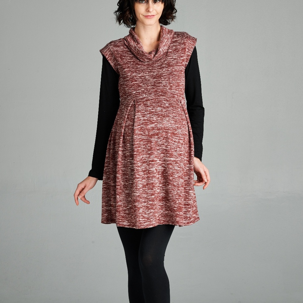 <CMT1416>  Burgundy Cowl Neck Knit  Maternity Tunic Dress